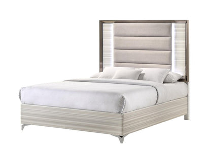 Beige White And Chrome Wood Upholstered Lighted Queen Bed Frame HomeRoots
