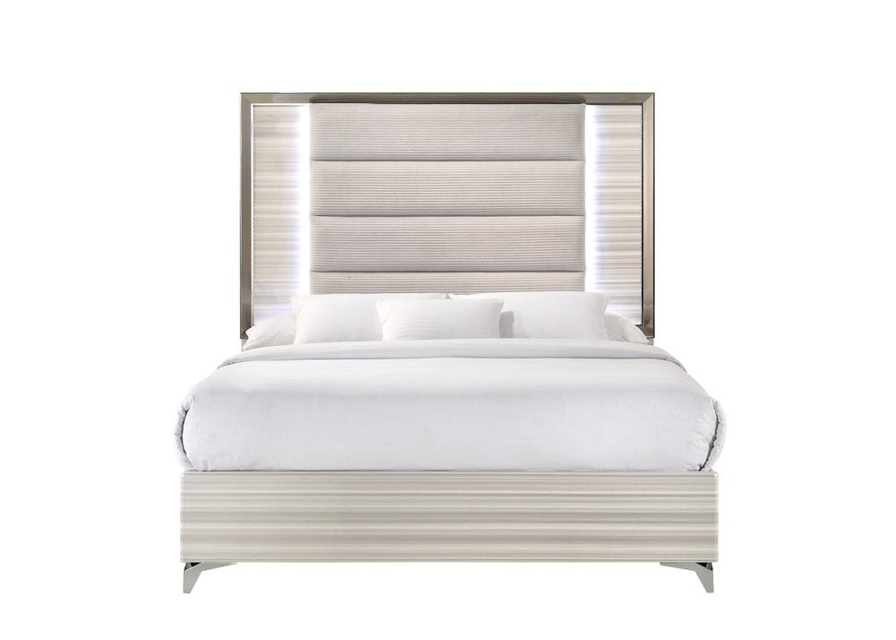 Beige White And Chrome Wood Upholstered Lighted Queen Bed Frame HomeRoots