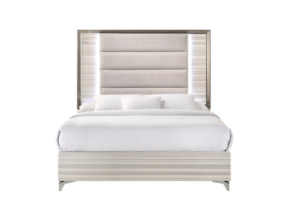 Beige White And Chrome Wood Upholstered Lighted Queen Bed Frame HomeRoots
