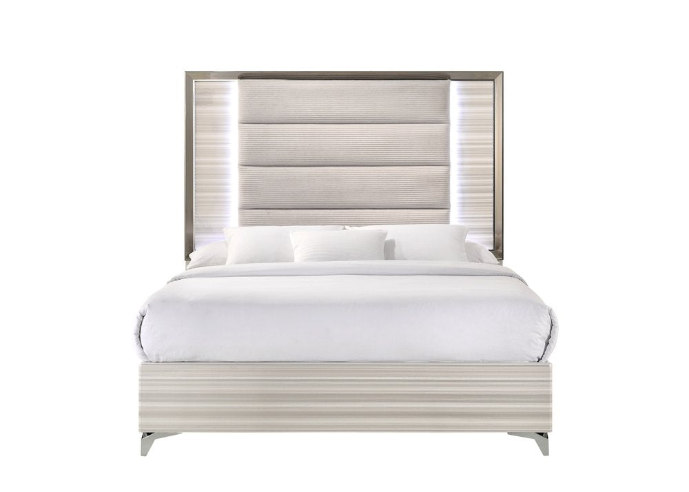Beige White And Chrome Wood Upholstered Lighted Queen Bed Frame HomeRoots