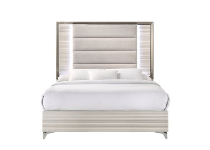 Beige White And Chrome Wood Upholstered Lighted Queen Bed Frame HomeRoots