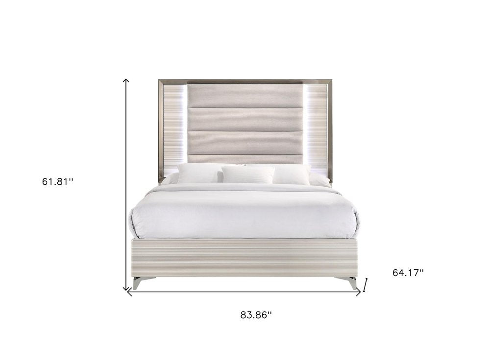 Beige White And Chrome Wood Upholstered Lighted Queen Bed Frame HomeRoots