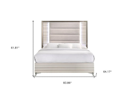 Beige White And Chrome Wood Upholstered Lighted Queen Bed Frame HomeRoots