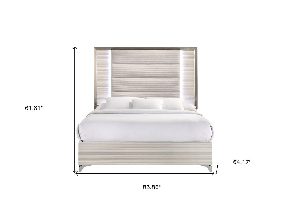 Beige White And Chrome Wood Upholstered Lighted Queen Bed Frame HomeRoots