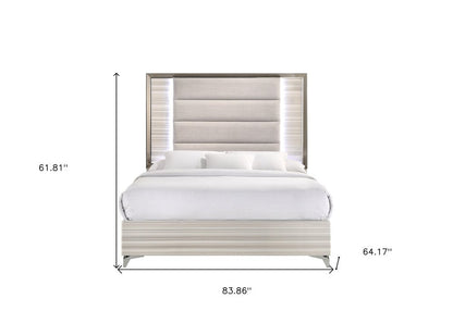 Beige White And Chrome Wood Upholstered Lighted Queen Bed Frame HomeRoots
