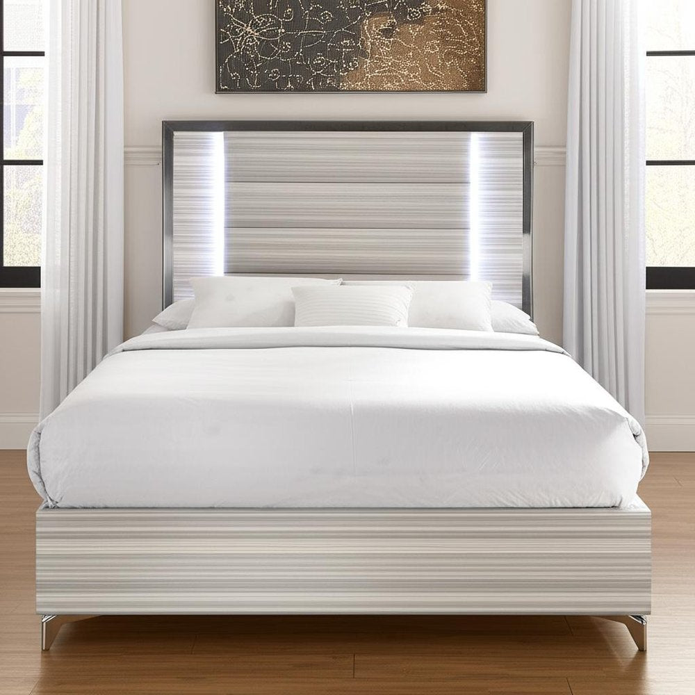 Beige White And Chrome Wood Upholstered Lighted Queen Bed Frame HomeRoots