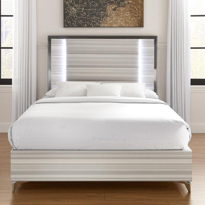 Beige White And Chrome Wood Upholstered Lighted Queen Bed Frame HomeRoots