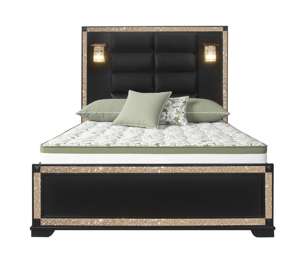 Black And Gold Faux Crystal Bling Wood And Upholstery Lighted Full Bed Frame HomeRoots