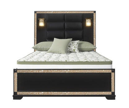 Black And Gold Faux Crystal Bling Wood And Upholstery Lighted Full Bed Frame HomeRoots