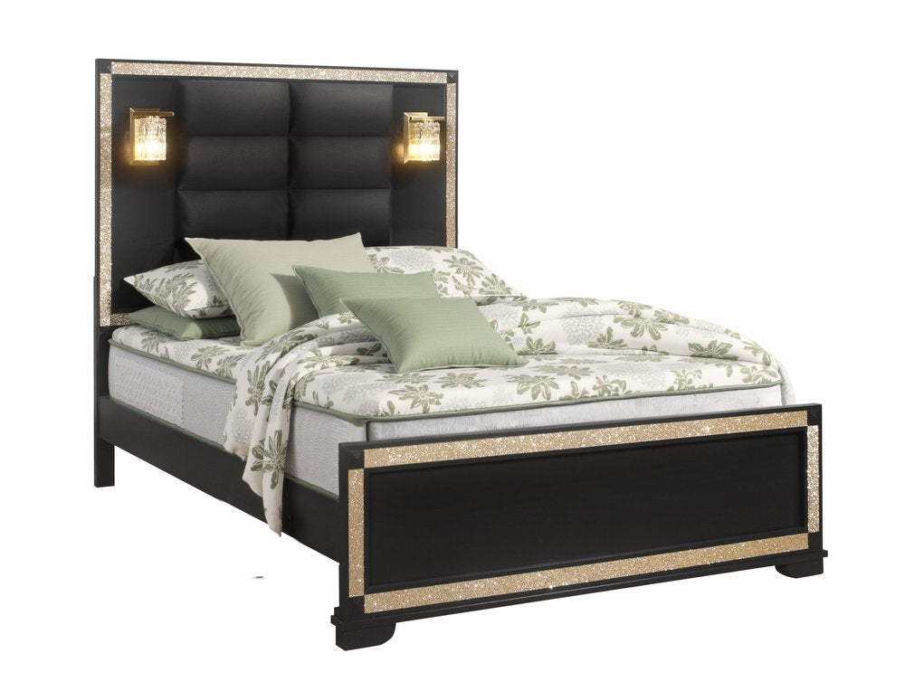Black And Gold Faux Crystal Bling Wood And Upholstery Lighted Full Bed Frame HomeRoots