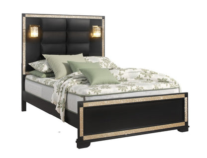 Black And Gold Faux Crystal Bling Wood And Upholstery Lighted Full Bed Frame HomeRoots