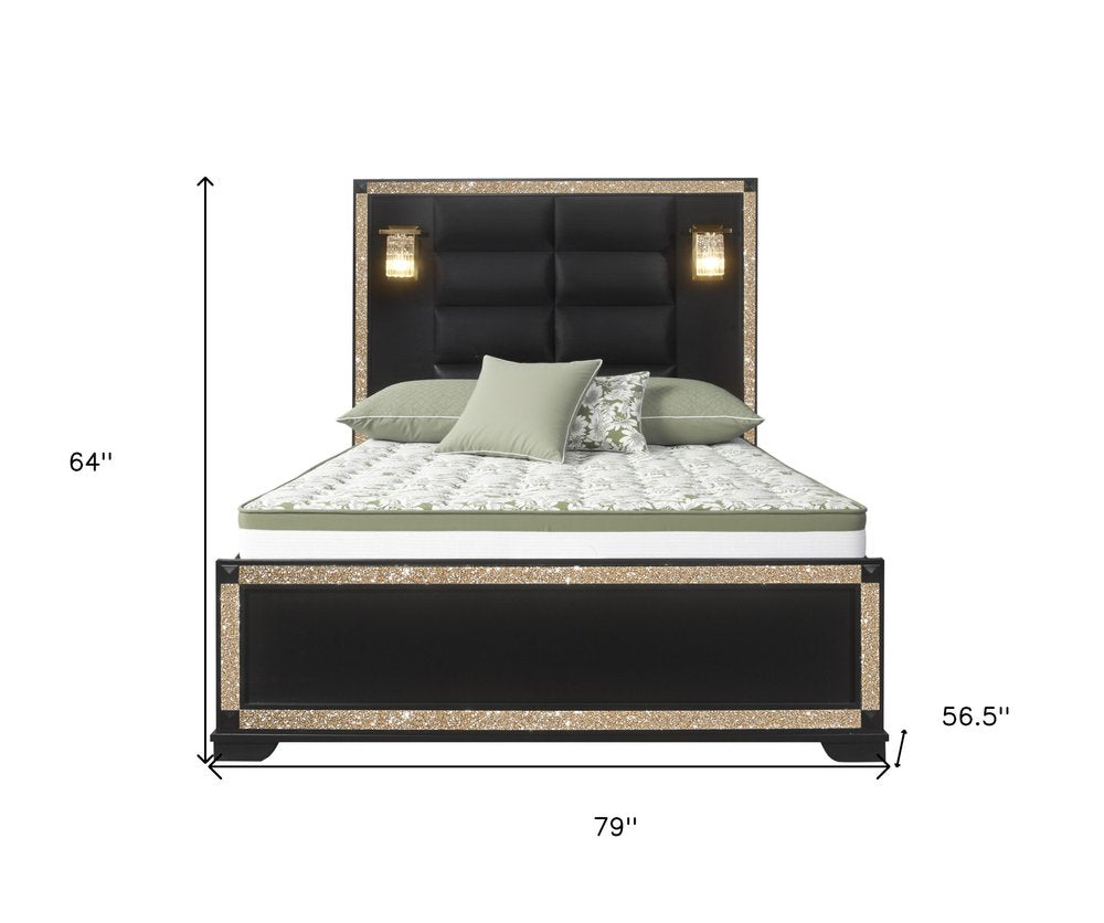 Black And Gold Faux Crystal Bling Wood And Upholstery Lighted Full Bed Frame HomeRoots