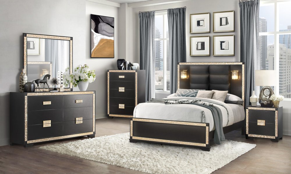 Black And Gold Faux Crystal Bling Wood And Upholstery Lighted Full Bed Frame HomeRoots