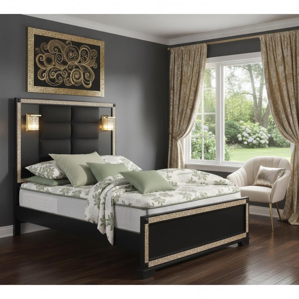 Black And Gold Faux Crystal Bling Wood And Upholstery Lighted Full Bed Frame HomeRoots