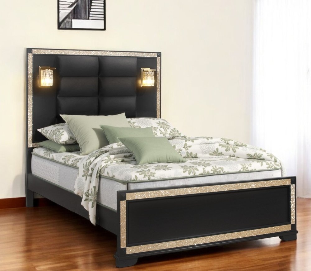 Black And Gold Faux Crystal Bling Wood And Upholstery Lighted Full Bed Frame HomeRoots