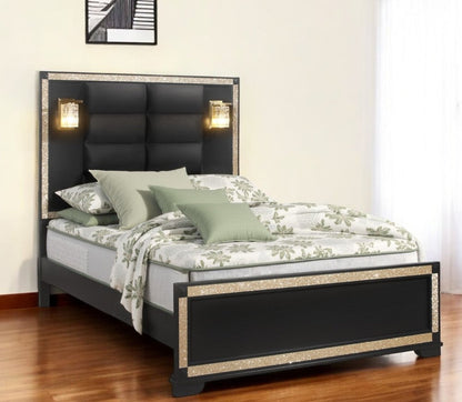 Black And Gold Faux Crystal Bling Wood And Upholstery Lighted Full Bed Frame HomeRoots