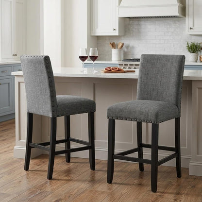 Set of Two 26" Gray And Black Fabric And Wood Counter Height Bar Chairs HomeRoots