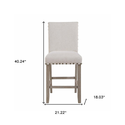 26" White and Natural Wood and Fabric Counter Height Bar Chair