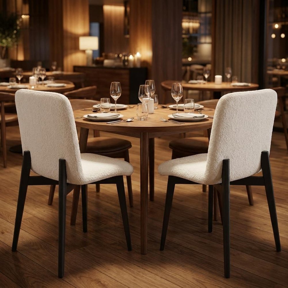 Set of Two White and Black Upholstered Boucle Dining Side Chairs — view 9