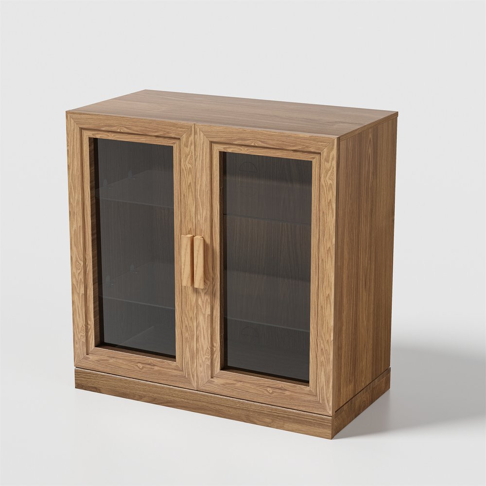 31" Natural And Clear Glass Door Accent Cabinet With Three Shelves HomeRoots