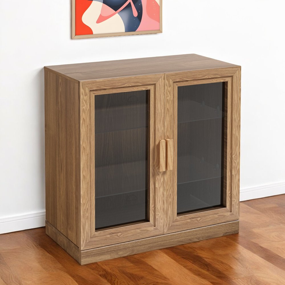 31" Natural And Clear Glass Door Accent Cabinet With Three Shelves HomeRoots
