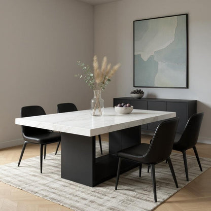 70" White and Black Faux Marble and Wood Pedestal Base Dining Table HomeRoots