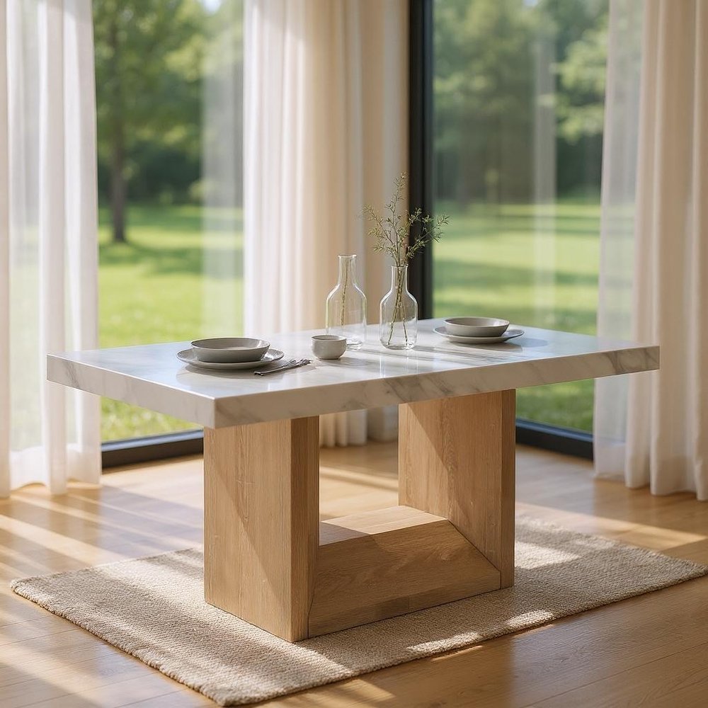 70" White and Natural Faux Marble and Wood Pedestal Base Dining Table HomeRoots
