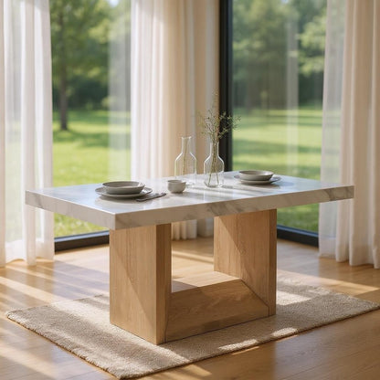 70" White and Natural Faux Marble and Wood Pedestal Base Dining Table HomeRoots