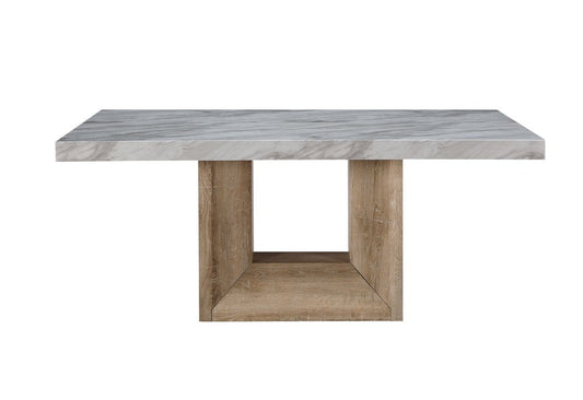 70" White and Natural Faux Marble and Wood Pedestal Base Dining Table HomeRoots