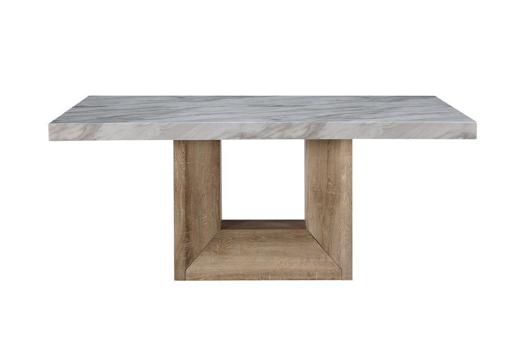 70" White and Natural Faux Marble and Wood Pedestal Base Dining Table HomeRoots