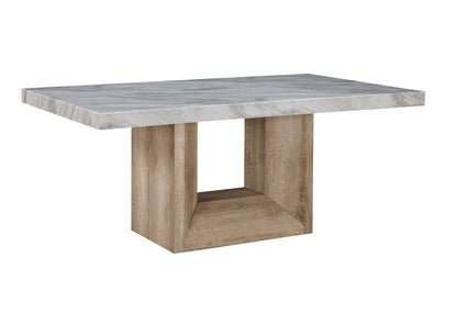 70" White and Natural Faux Marble and Wood Pedestal Base Dining Table HomeRoots