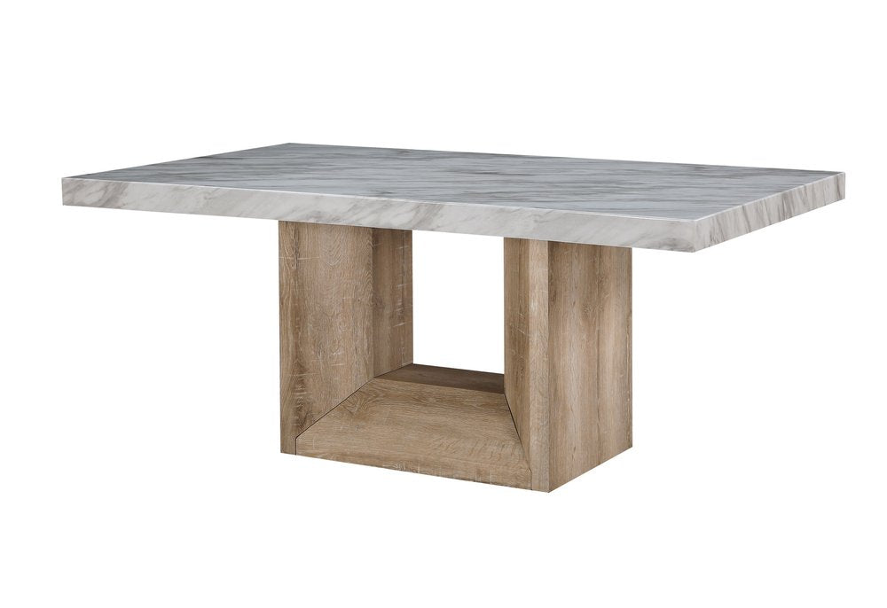 70" White and Natural Faux Marble and Wood Pedestal Base Dining Table HomeRoots