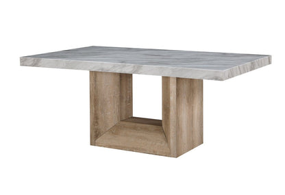 70" White and Natural Faux Marble and Wood Pedestal Base Dining Table HomeRoots
