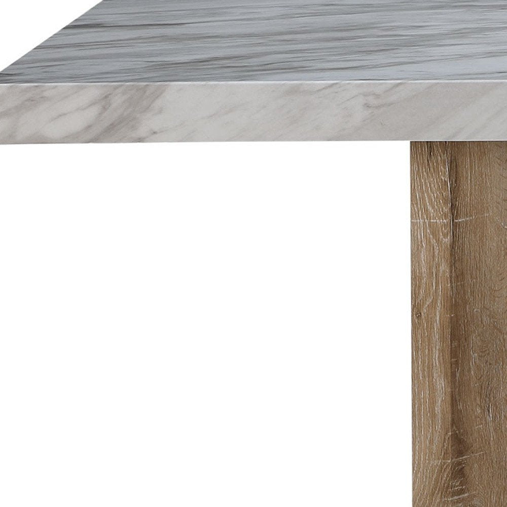 70" White and Natural Faux Marble and Wood Pedestal Base Dining Table HomeRoots