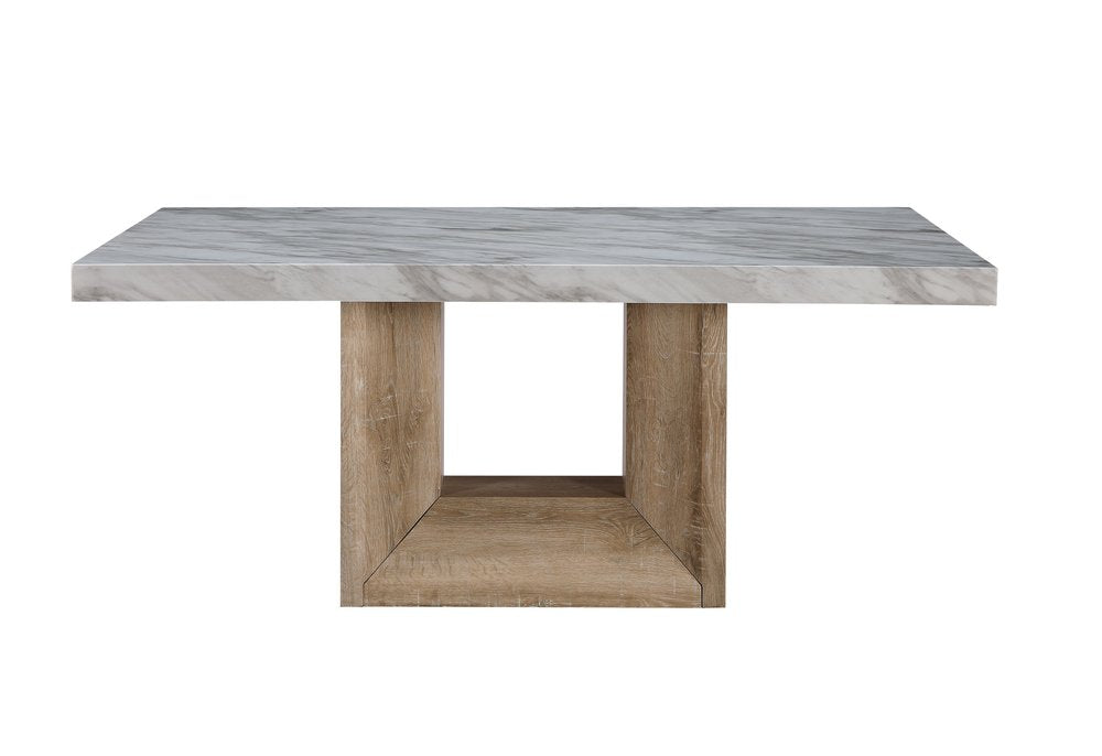 70" White and Natural Faux Marble and Wood Pedestal Base Dining Table HomeRoots