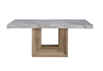 70" White and Natural Faux Marble and Wood Pedestal Base Dining Table HomeRoots