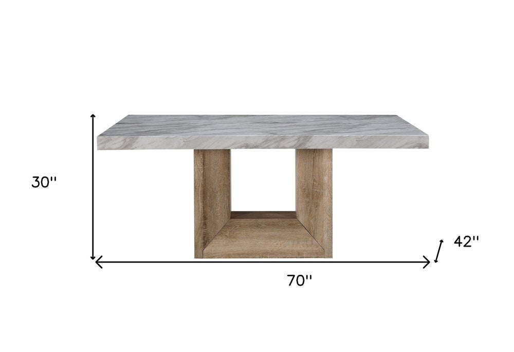 70" White and Natural Faux Marble and Wood Pedestal Base Dining Table HomeRoots
