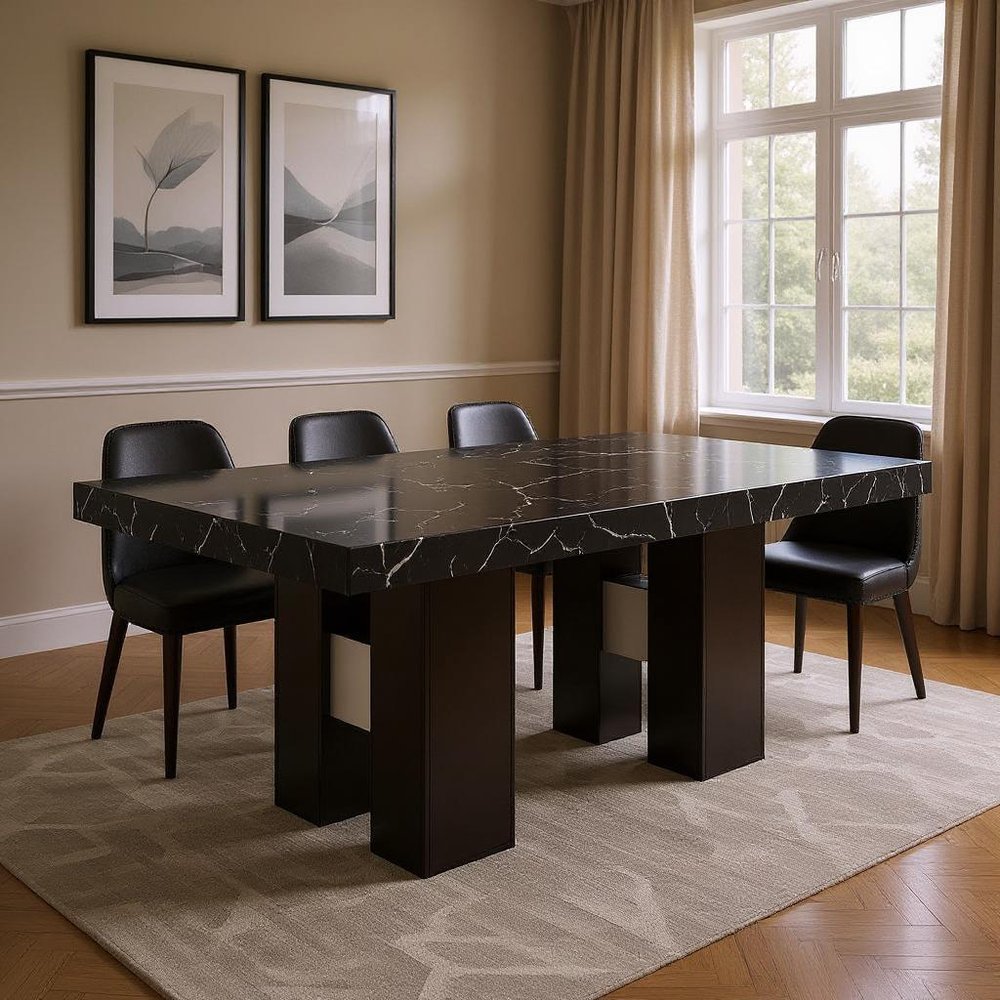 70" Black Faux Marble and Wood Double Pedestal Base Dining Table HomeRoots