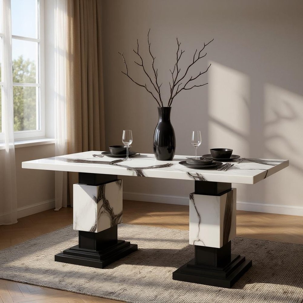 82" Black and White Faux Marble and Wood Double Pedestal Base Dining Table — view 9