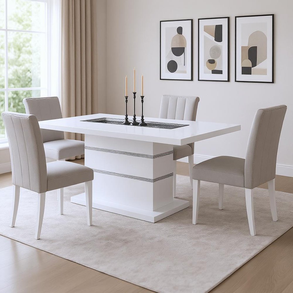79" White Faux Crystals Glass and Wood Pedestal Base Dining Table HomeRoots