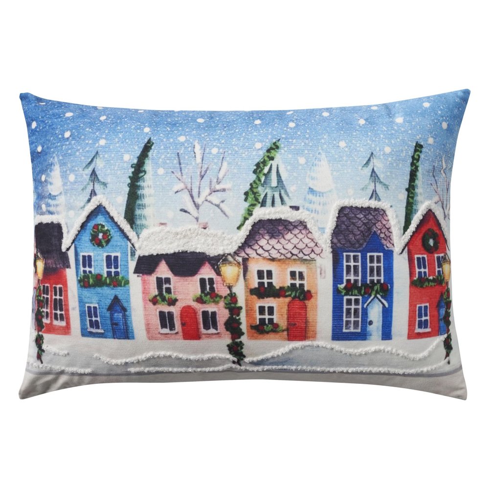 20" X 14" Blue And Red Christmas Village Throw Pillow with Embroidery — view 5
