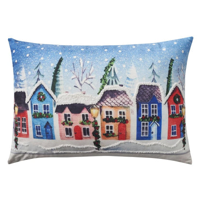 20" X 14" Blue And Red Christmas Village Throw Pillow with Embroidery
