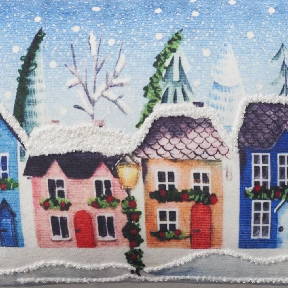 20" X 14" Blue And Red Christmas Village Throw Pillow with Embroidery