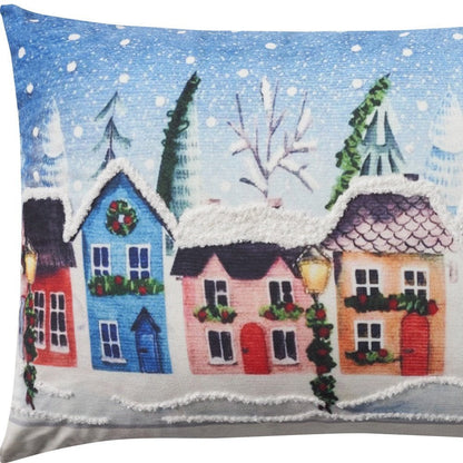 20" X 14" Blue And Red Christmas Village Throw Pillow with Embroidery