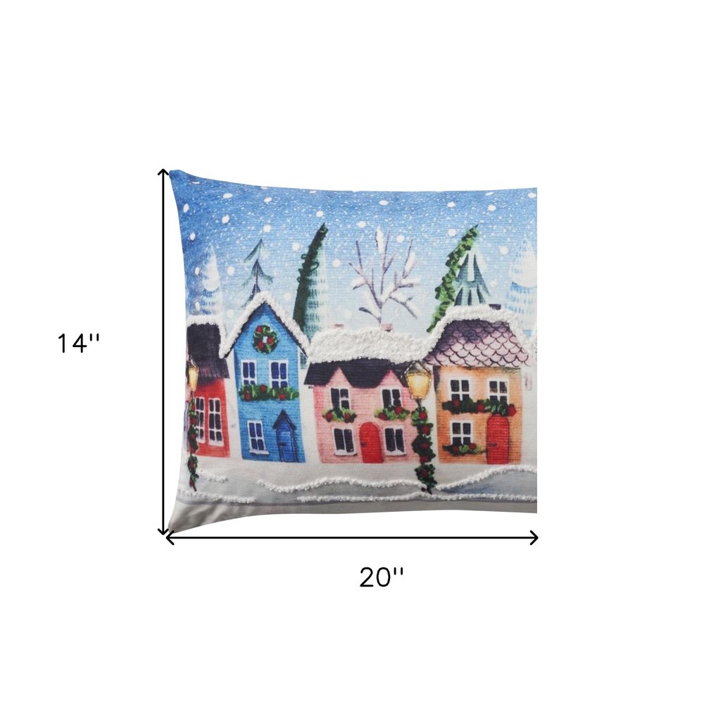 20" X 14" Blue And Red Christmas Village Throw Pillow with Embroidery — view 3