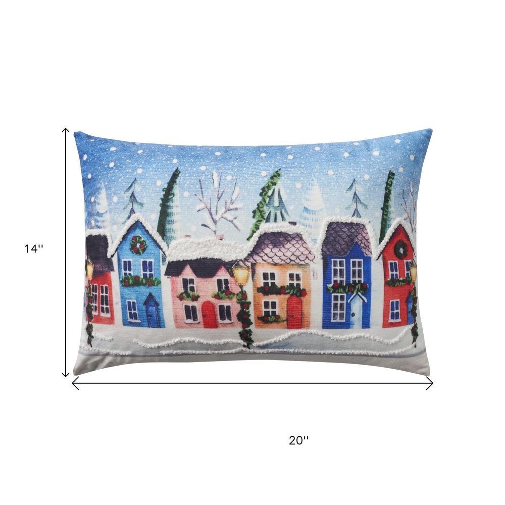 20" X 14" Blue And Red Christmas Village Throw Pillow with Embroidery
