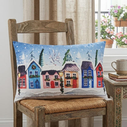 20" X 14" Blue And Red Christmas Village Throw Pillow with Embroidery