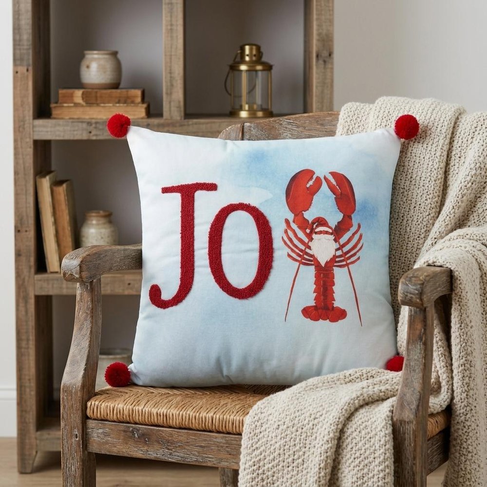 18" Blue White And Red Lobster Joy Throw Pillow with Embroidery