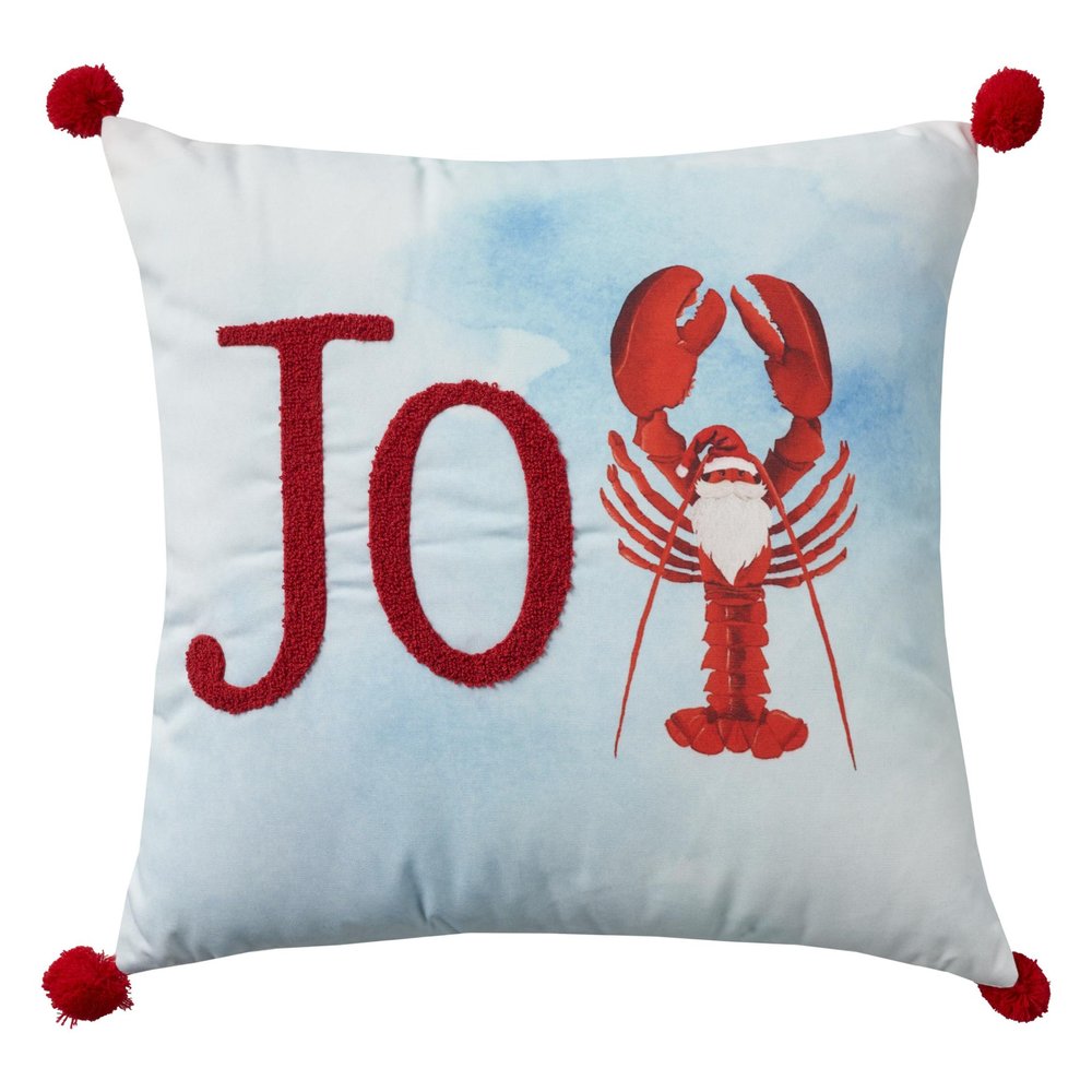 18" Blue White And Red Lobster Joy Throw Pillow with Embroidery