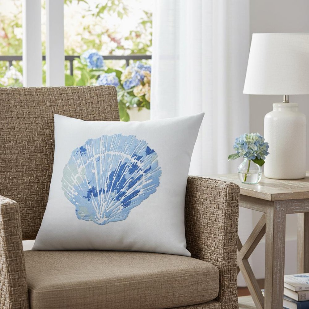 18" Blue And White Coastal Seashell Throw Pillow — view 9